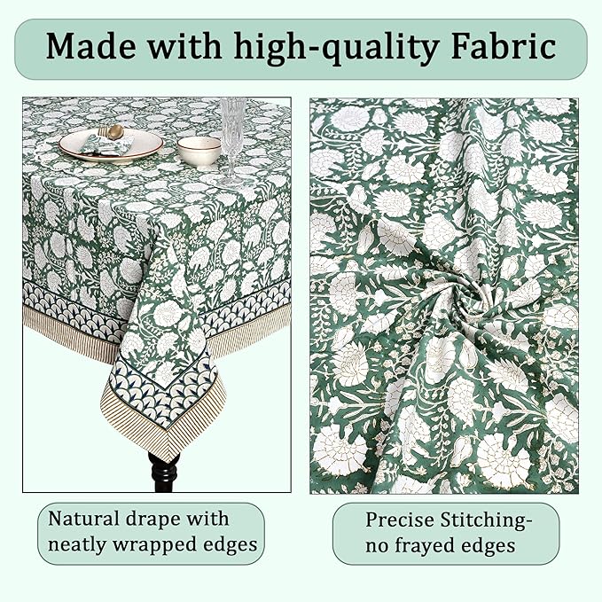 Ridhi Hand Block Print Turquoise Moss Green Rectangle Cotton Tablecloth 120" x 80" Reusable Table Cover Decorative Everyday Use for Dining, Farmhouse, Home Gift for Spring, Easter, Valentine