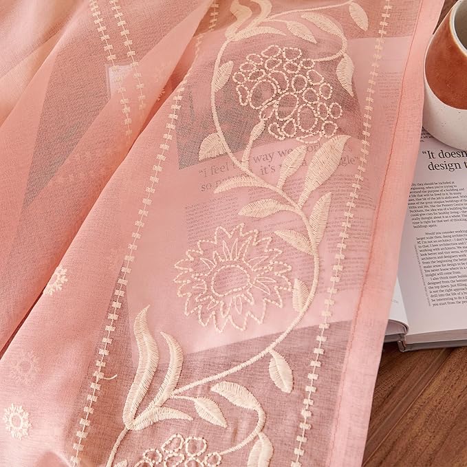 jinchan Winslow Pink Sheer Curtains 84 Inch for Bedroom Living Room Embroidered Bordered Floral Nursery Curtains for Girls Room Dorm Light Filtering, Beige on Pink, 2 Panels, 50W x 84L