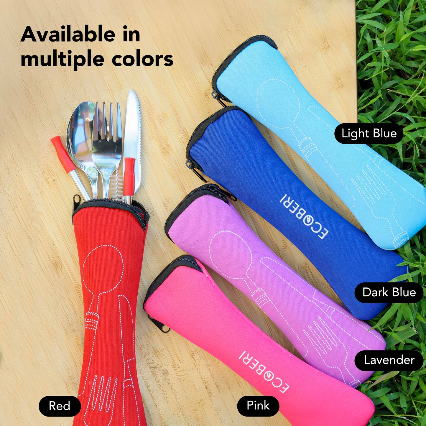 Travel Utensils Set with Case 4 Pack, Reusable Stainless Steel Portable Cutlery (Fork, Spoon, Knife, Straws & Cleaner) for Work, Dorm, Camping, Lunch Box, Compact Durable Silverware by Ecoberi