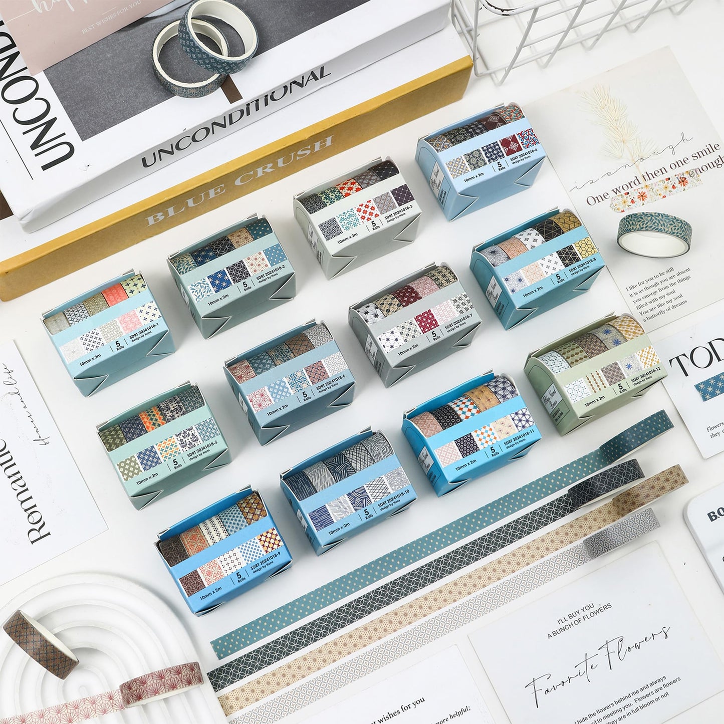 YUBX Basic Patterns Washi Tape Set 60 Rolls Geometric Elegance Decorative Skinny Masking Tapes for Arts, DIY Crafts, Journals, Planners, Scrapbook, Wrapping