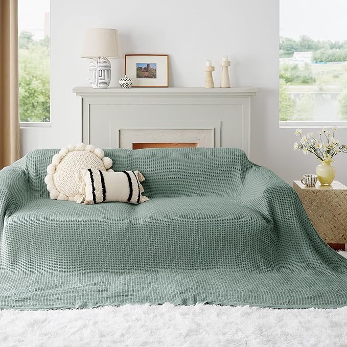 Bedsure 100% Cotton Large Blanket Oversized King for Bed - Breathable Waffle Weave Blanket for Summer Spring, Couch Cover, Sage Green, 120x94 inches