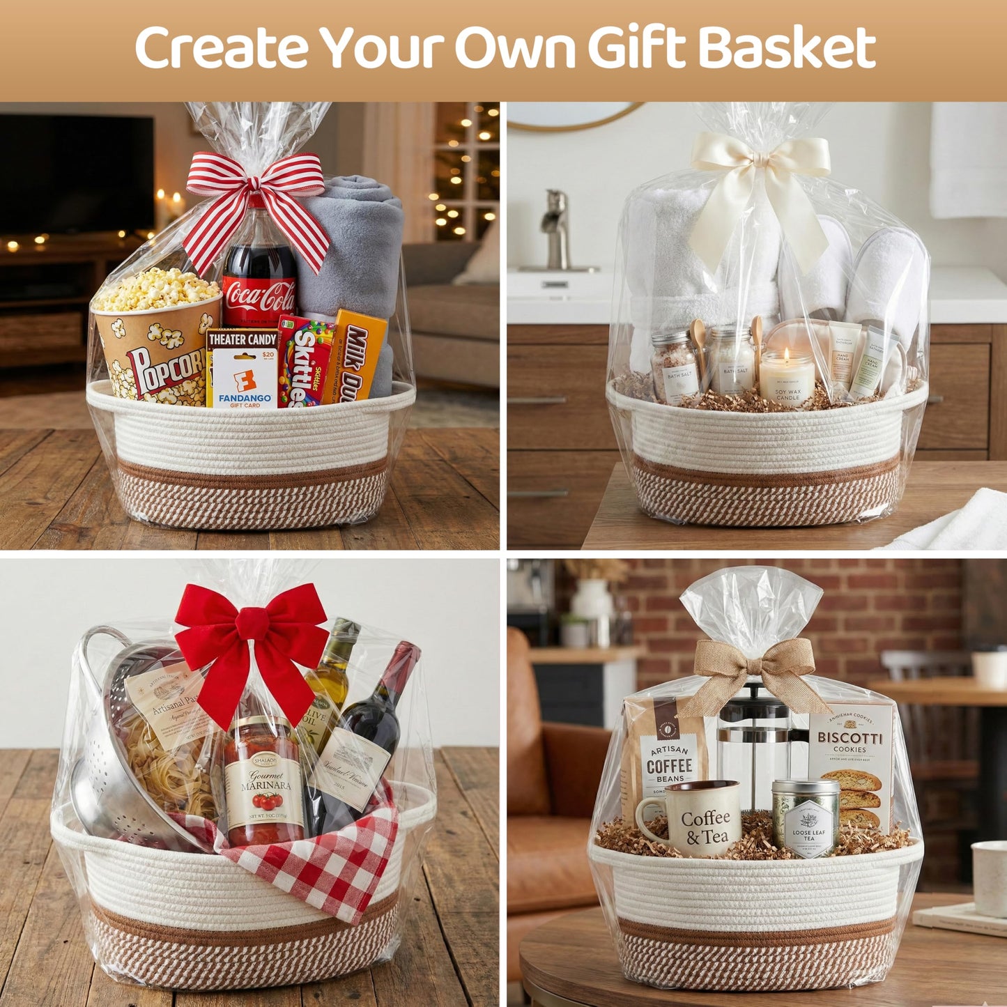 Pro Goleem Easter Woven Basket with Reinforced Handles - Baskets for Gifts Empty DIY Burr Basket Kit for Holiday, Baby Shower, Raffle - 13x8x6 Cotton Rope Storage Toy Bin (White & Brown)