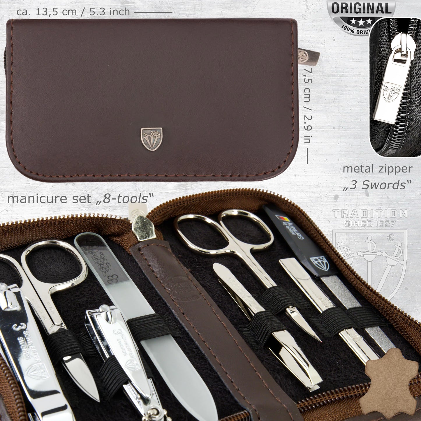 3 Swords Germany - brand quality 8 piece manicure pedicure grooming kit set for professional finger & toe nail care genuine leather case in gift box, Made in Germany