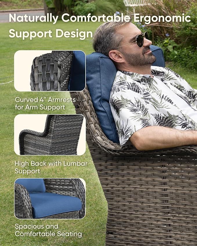 HUMMUH Outdoor Swivel Rocker Wicker Patio Chairs Set of 2, Rattan Rocking Chair Furniture Set (Grey,Blue)