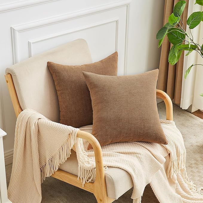 GAWAMAY Decorative Chenille Throw Pillow Covers 24x24 Inch Pack of 2, Soft Square Couch Pillow Cover for Sofa Cushion Living Room Bedroom Solid Dyed Pillowcases Brown 60x60cm (ONLY Covers)
