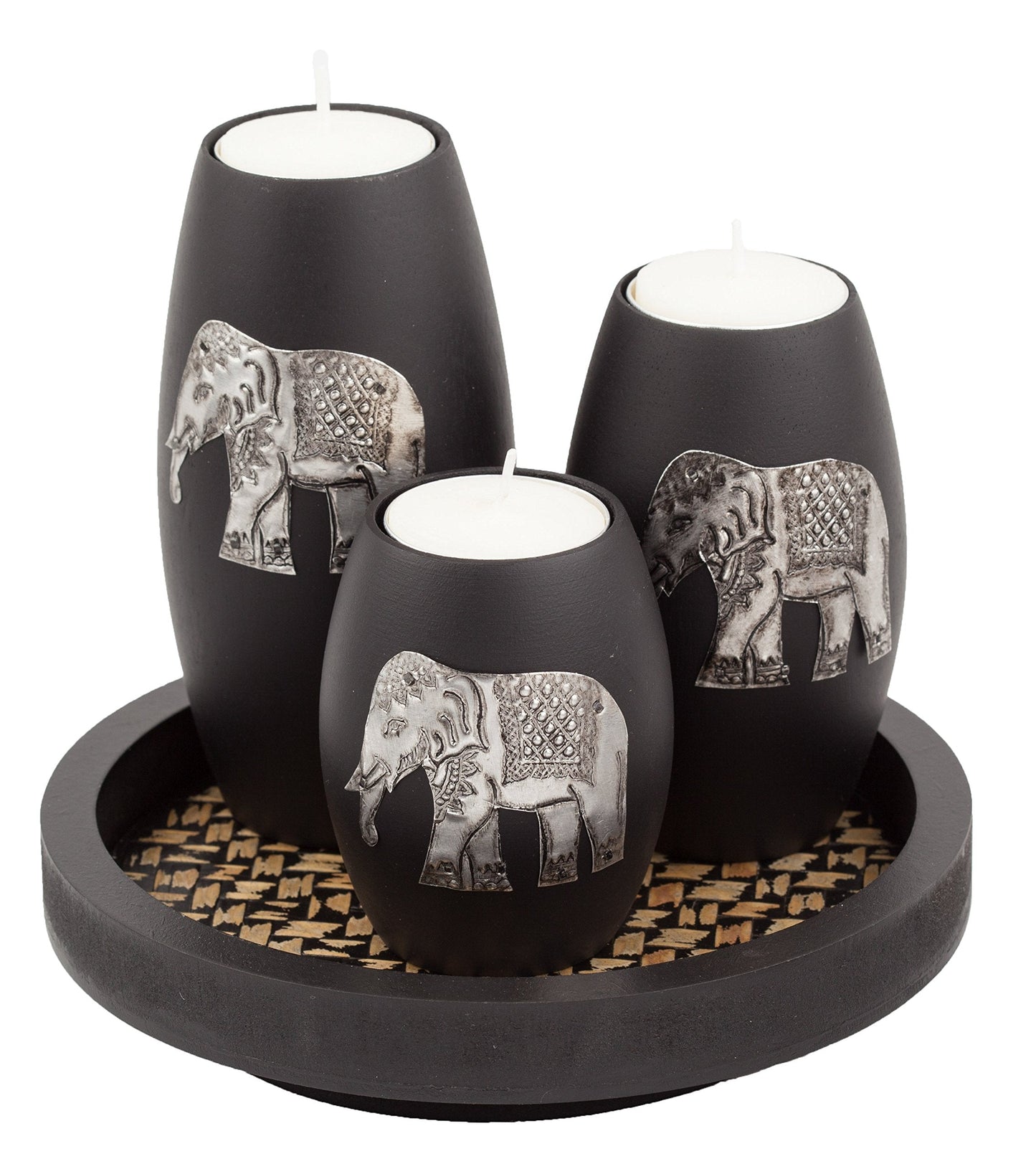 IYARA CRAFT Elephant Candle Holder Set – 3 Handmade Wood Tealight Holders with Tray, Rustic Black Home Décor, Cozy Holiday Centerpiece & Thoughtful for Women, Mom, Housewarming