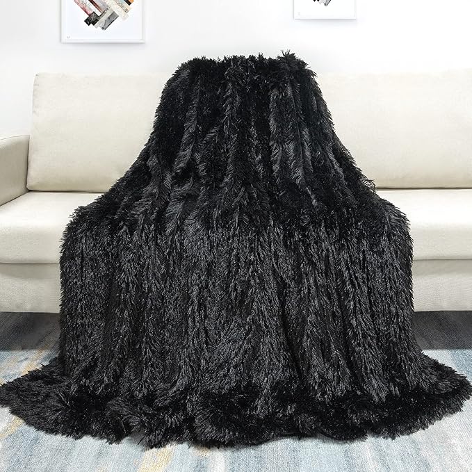 Tuddrom Decorative Extra Soft Faux Fur Blanket Twin Size 70" x78",Reversible Fuzzy Lightweight Long Hair Shaggy Fleece Blanket,Fluffy Cozy Plush Comfy Microfiber Throw Blanket for Couch Sofa Bed,Black