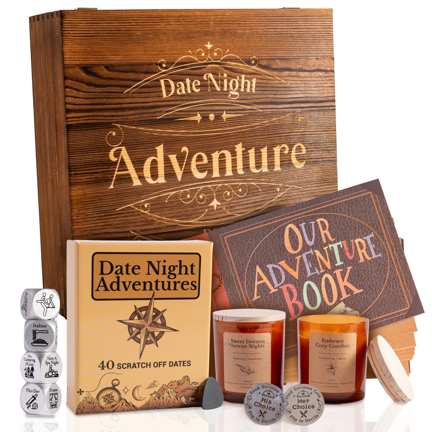 GreenCor Couples Date Night Adventure Gift Box Scratch-Off Date Ideas - Anniversary or Birthday Gifts for Girlfriend | Boyfriend - Vanilla and Lavender Candles | Decision Coin & Dice