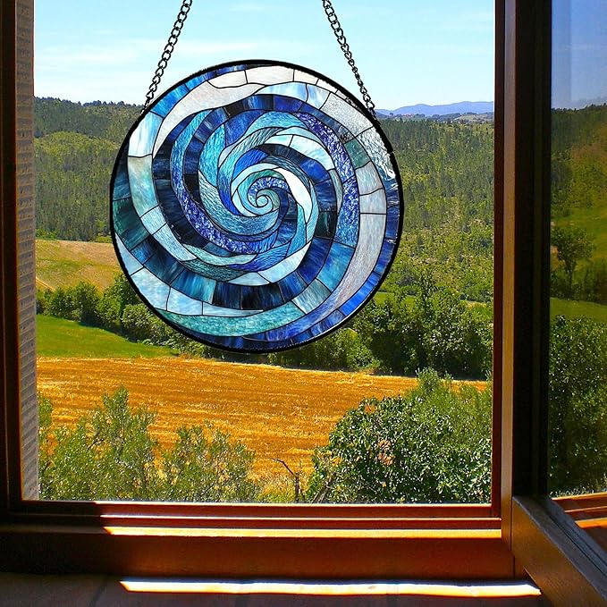 CRISGIF Stained Glass Window Hanging - Blue Abstract Swirl Suncatcher for Doors Garden Patio Unique Sun Catchers Decor Christmas Mother's Day Birthday Gifts for Women Men Mom Nana Friend 11.8 in