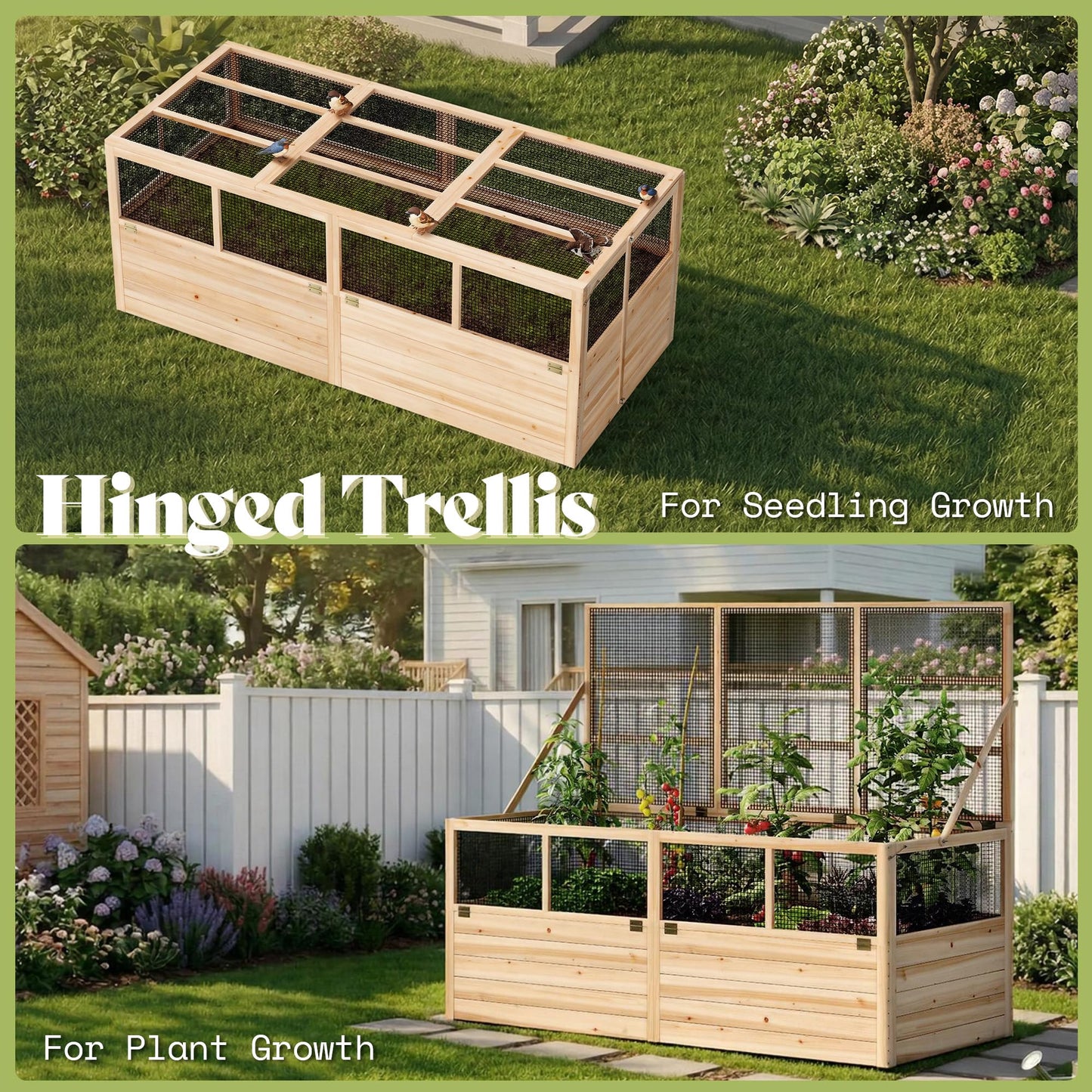 AMERLIFE Raised Garden Bed with Hinged Fencing and Trellis, 18 Inch Deepened Wood Planter Box, 2 PCS Flip-up Front Panel, Easy Assembly, Ideal for Seed Starting and Growing Vegetables & Fruits