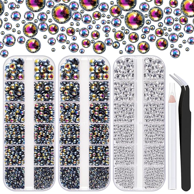 4000PCS Flatback Rhinestones and Half Round Pearls Kit #20, Multi Size Glass Clear Crystals, Plastic Flat Back Black AB Dome Bead with Pickup Pencil and Tweezer for Nail Art