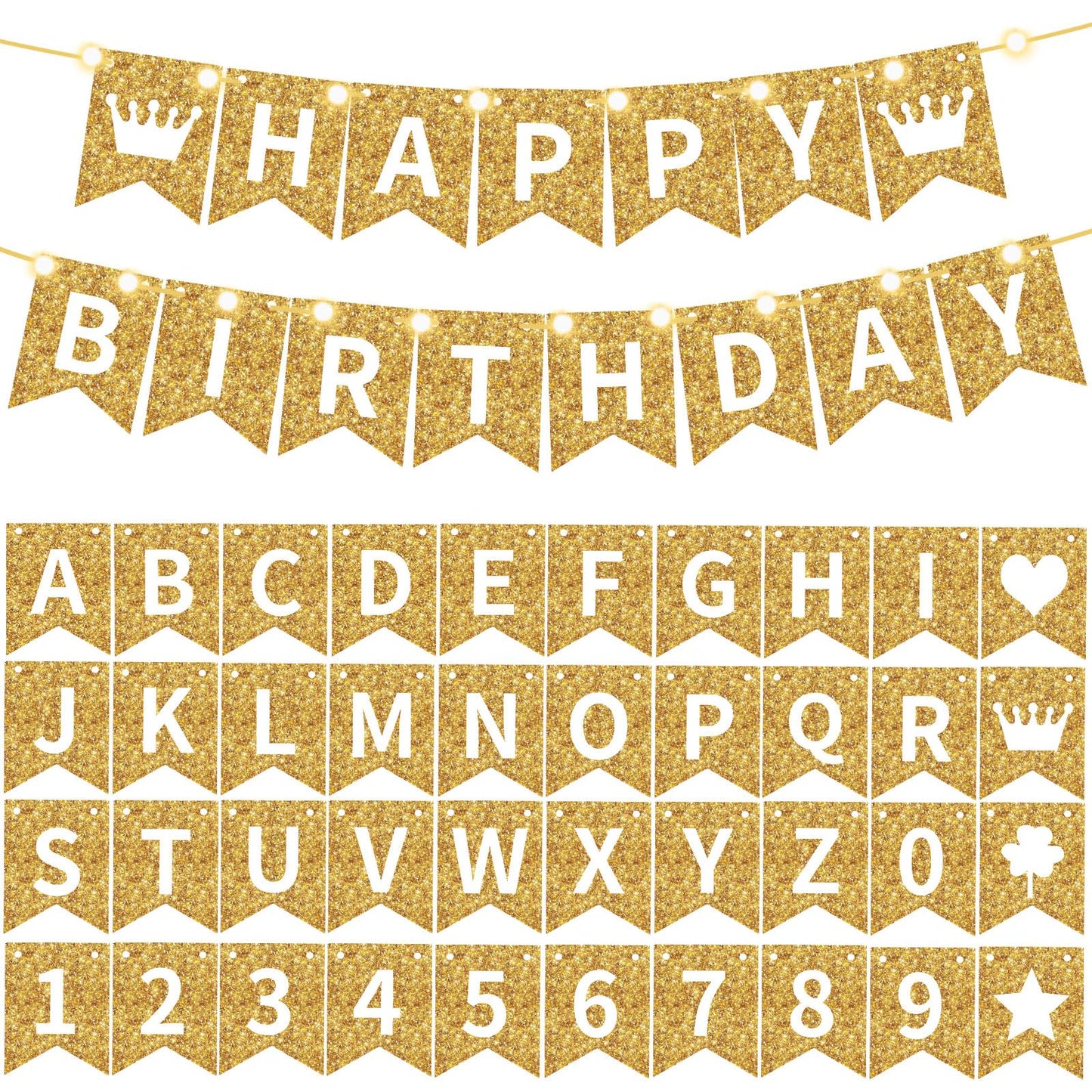 TaoBary 135 Pcs DIY Banner Custom Letters Kit Make Your Own Banner for Birthday Graduation Party Decor Include 107 Letters and Numbers, 16 Symbols, 2 String Lights, 5 Needles, 5 Rope (Gold)