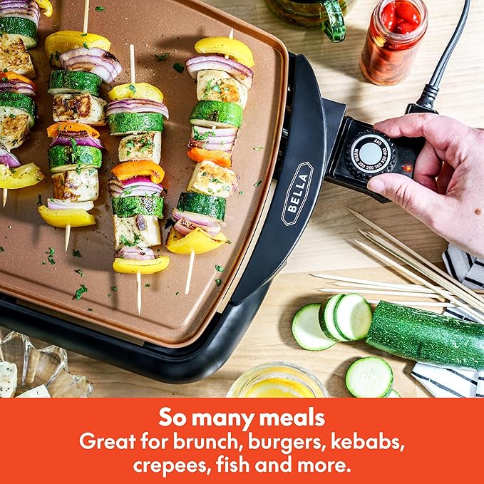 BELLA Electric Ceramic Titanium Griddle, Make 10 Eggs At Once, Healthy-Eco Non-stick Coating, Hassle-Free Clean Up, Large Submersible Cooking Surface, 10.5" x 20", Copper/Black
