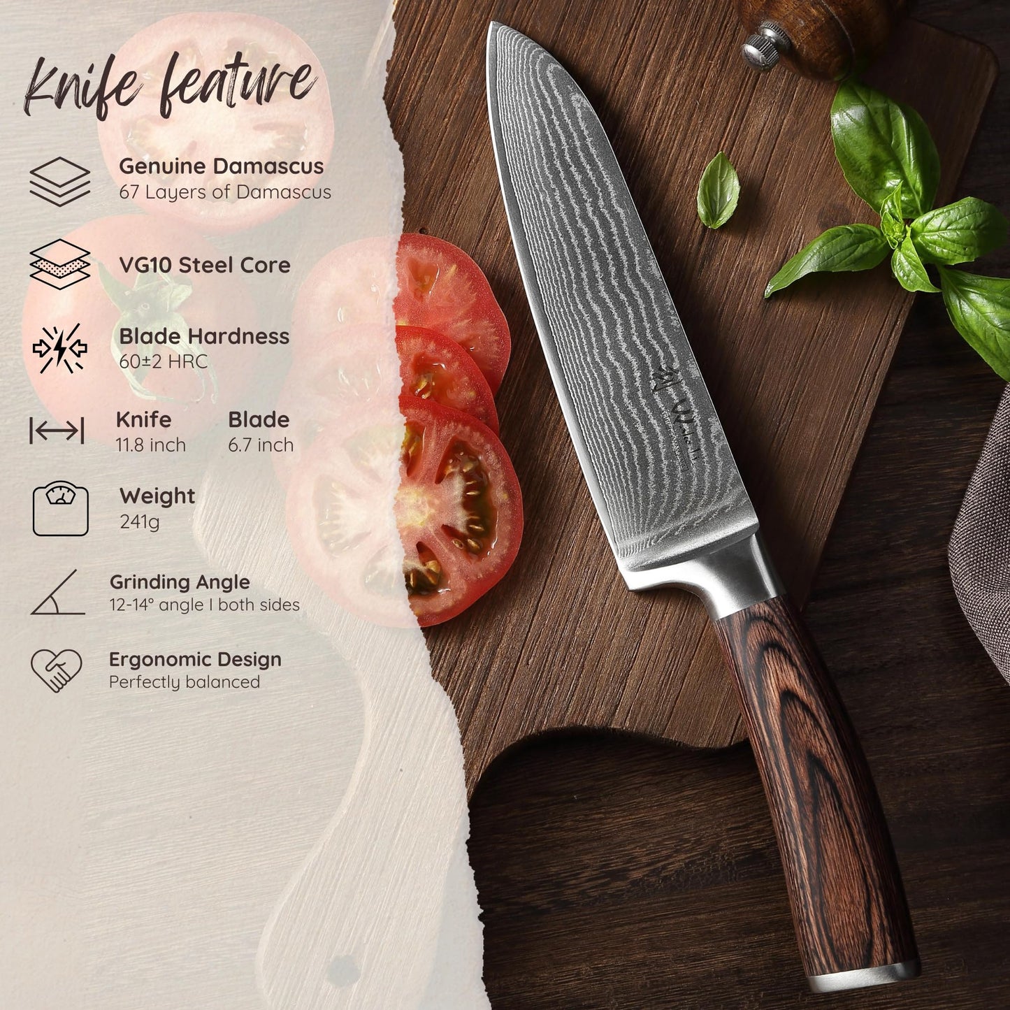Wakoli EDIB Damascus Santoku Knife – 6.7-Inch Japanese-Style Kitchen Knife, 67-Layer Damascus Steel Blade with VG10 Core, Ergonomic Pakkawood Handle – Professional Cooking Knife in Elegant Gift Box