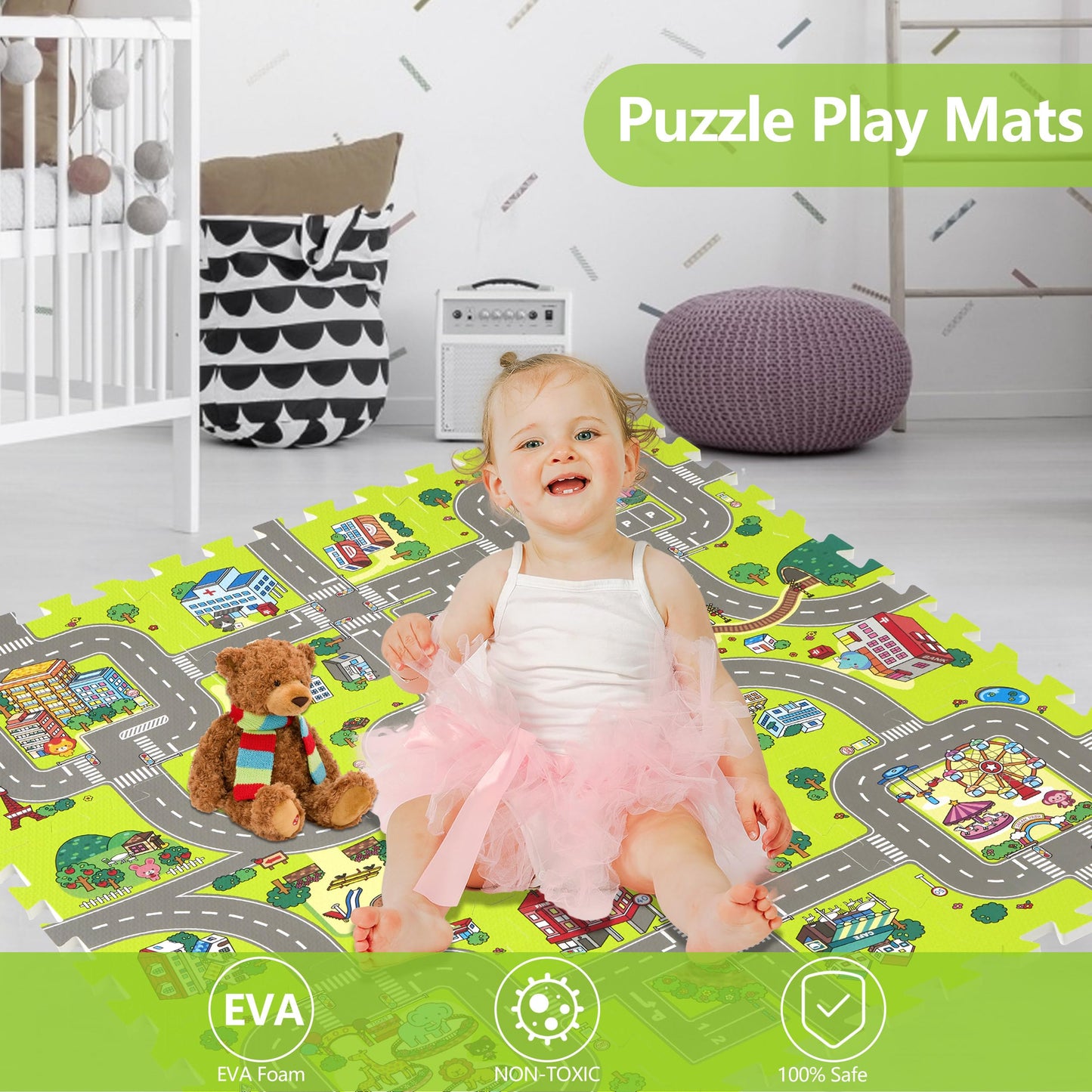 PLAY 10 Baby Play Mats for Floor, Foam Play Mat, Interlocking Foam Tiles City Road Track Puzzle Mat 9 Pieces