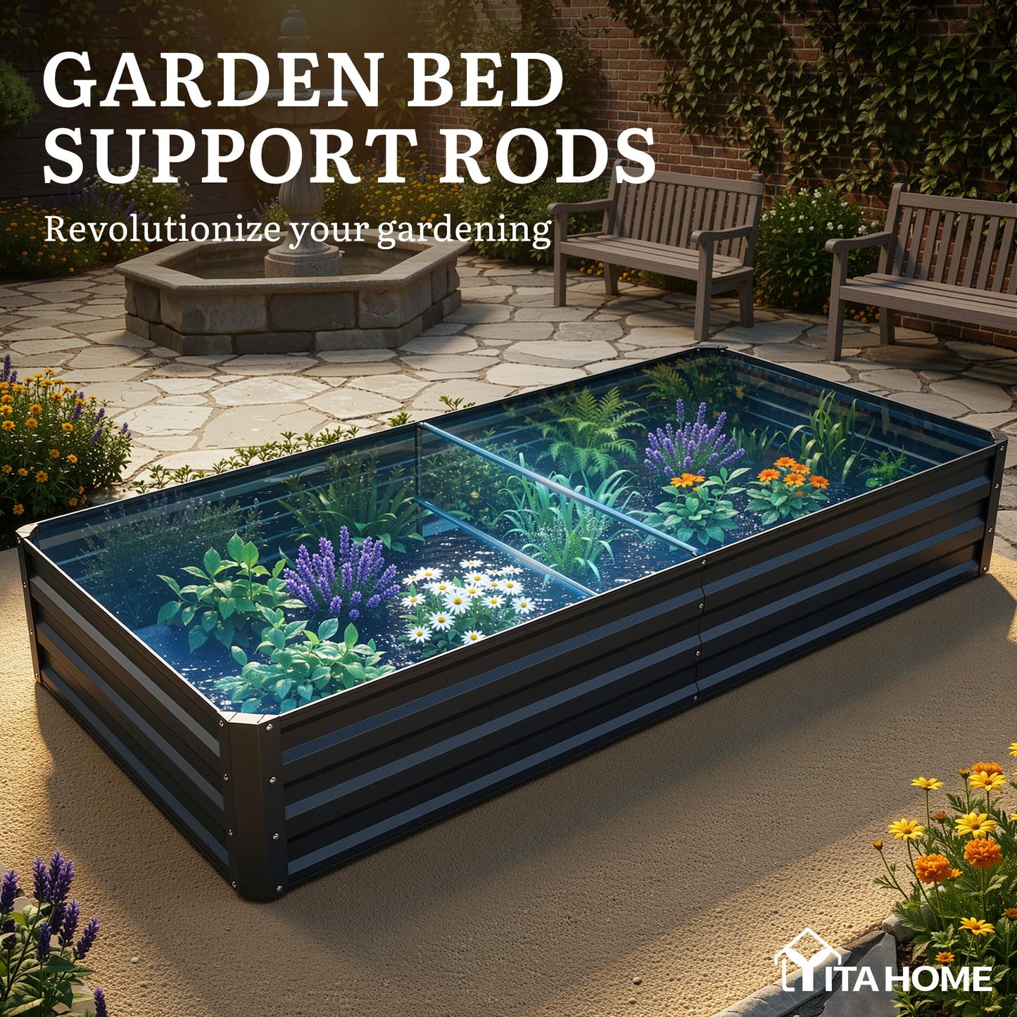 YITAHOME 6x3x1ft 2pcs Large Raised Garden Bed Kit, Galvanized Metal Planter Box with Gloves, Ground Nails, Support Rod, Outdoor Above Ground Planters for Plants Vegetables Flowers, Black