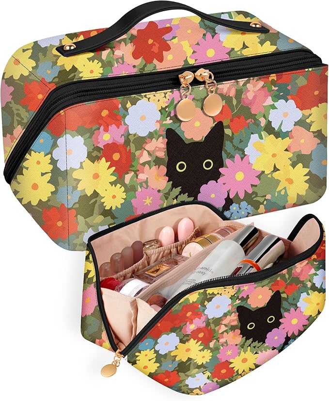 Bistup Makeup Bag Travel Cosmetic Bag Toiletry Make Up Bags Cute Women Large Capacity Big Medium Leather Cat Flower Aesthetic Girl Teen Teenage Foldable Expandable Open Flat Zip