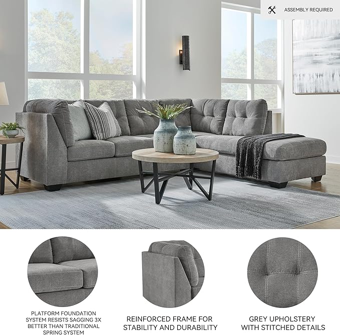 Signature Design by Ashley Marleton Contemporary Right-Arm Facing Tufted 2-Piece Sectional with Chaise and Loose Seat Cushions, Light Gray
