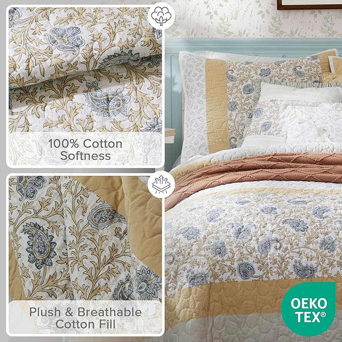 Madison Park 100% Cotton Quilt Set Floral Print, Double Sided Stitching, All Season, Lightweight Coverlet Shabby Chic Bedding Layer, Matching Shams, King/Cal King, Yellow 6 Piece