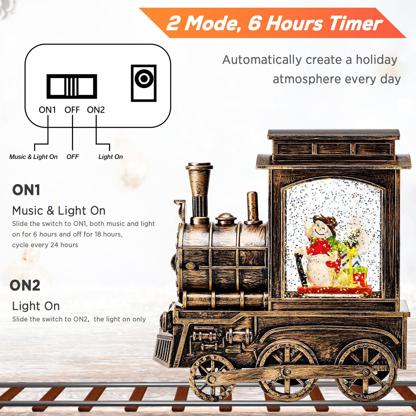 IPOW Christmas Snow Globe Lantern Train with Santa Sleigh Projection, Water Swirling Glitter Musical and Lighted USB Powered & Battery Operated Music Box for Christmas Home Decoration Gift