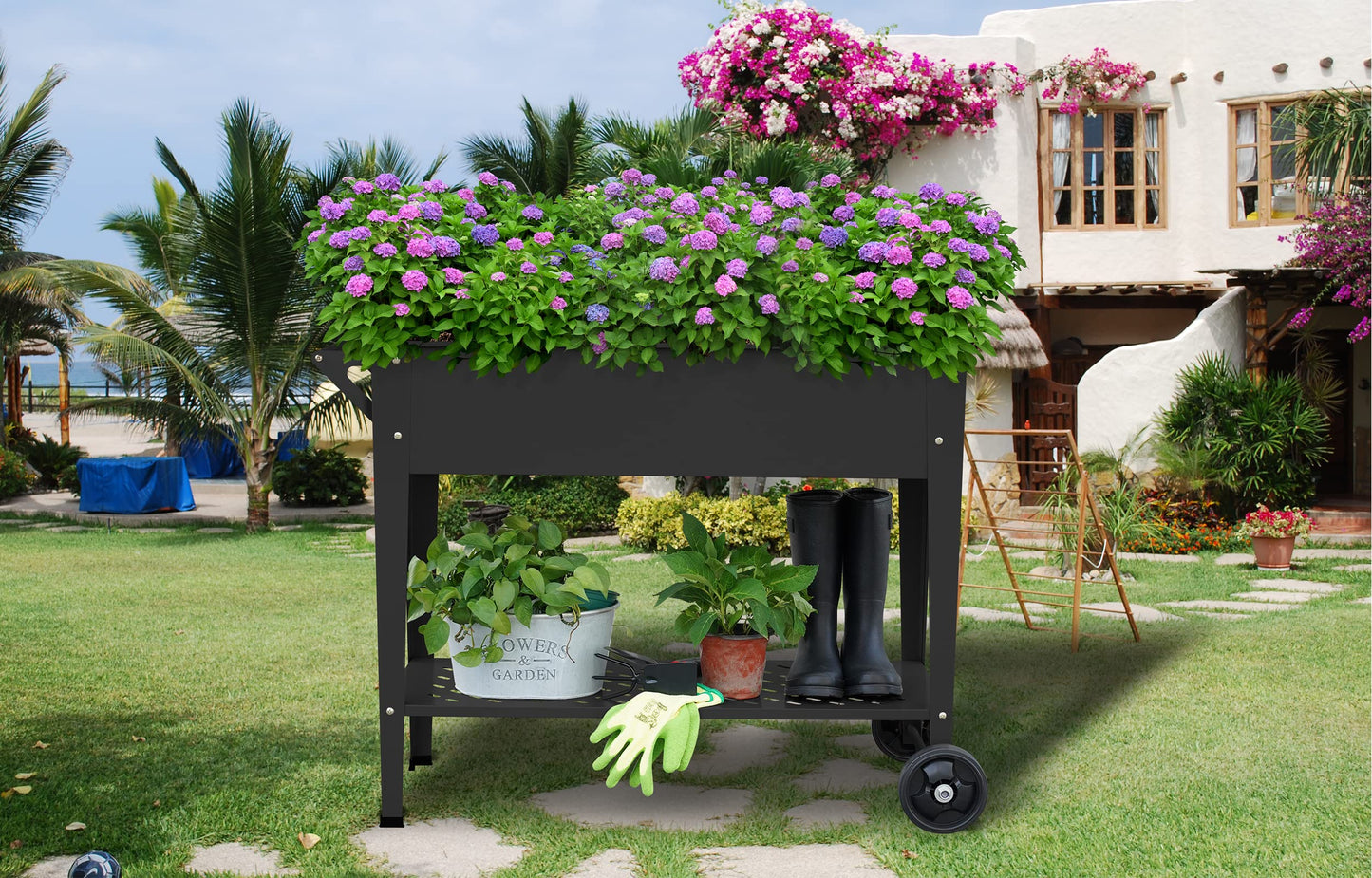 Raised Planter Box Outdoor with Legs Elevated Raised Garden Bed with Wheels Flower Boxes Outdoor Standing Planter for Vegetables Flowers Herbs Planting,Black