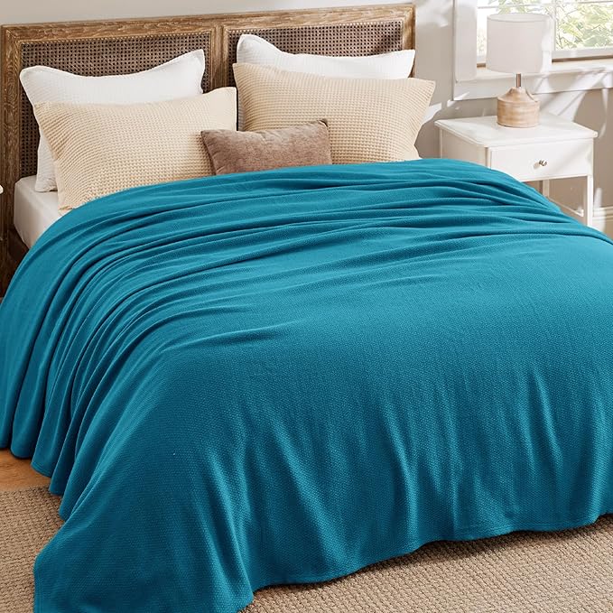 Bedsure 100% Cotton Blanket Queen Size for Bed - Breathable and Lightweight, Soft Cozy Textured Herringbone Woven Blanket for Summer Spring, Teal, 90x90 inches