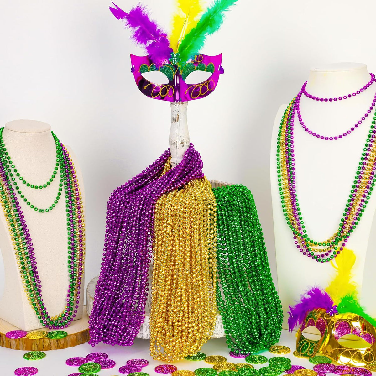 15PCS Mardi Gras Beads, Green Purple Gold Mardi Gras Necklace Accessories, 33" Round Festival Beads Carnival Party Favors Bulk, Beads Necklace for Parade Throws Party Decorations Costumes Supplies