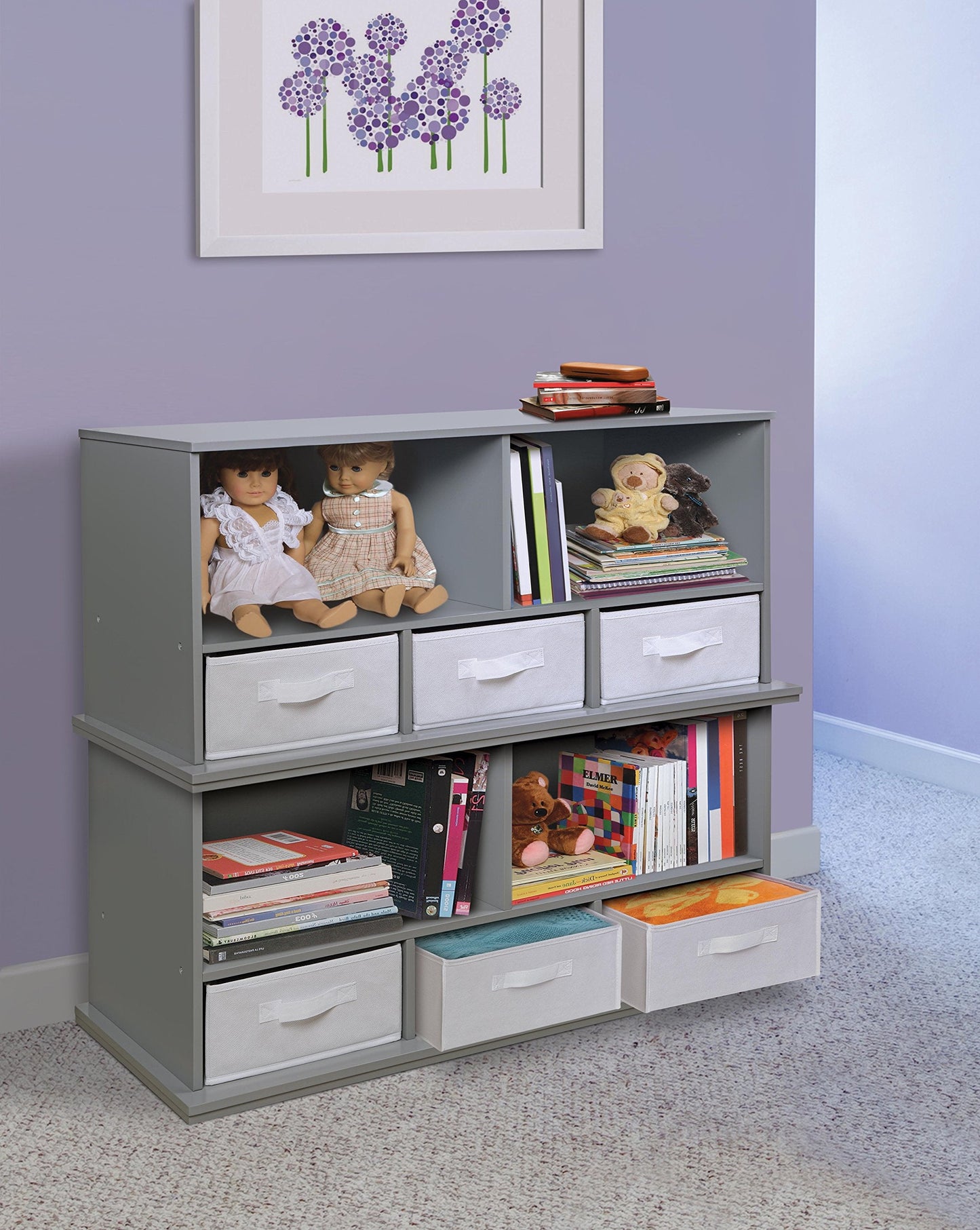 Badger Basket Stackable Toy Storage Organizer - 5-Shelf Modular Unit with 3 Removable Fabric Bins, Solid Panel Construction, Expandable Design for Toys and Crafts - Gray