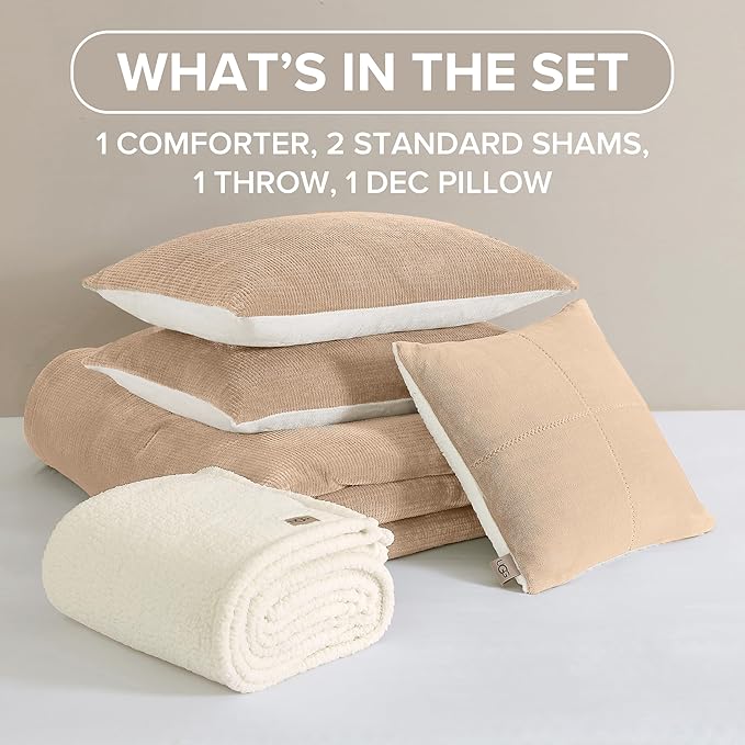 UGG Remina Comforter Set 5 Piece Bed in a Bag with Throw Blanket, Decorative Pillow, Shams, and Reversible Comforter Hypoallergenic Washable Luxury Warm Fluffy Bedding Set, Full/Queen, Brown Birch