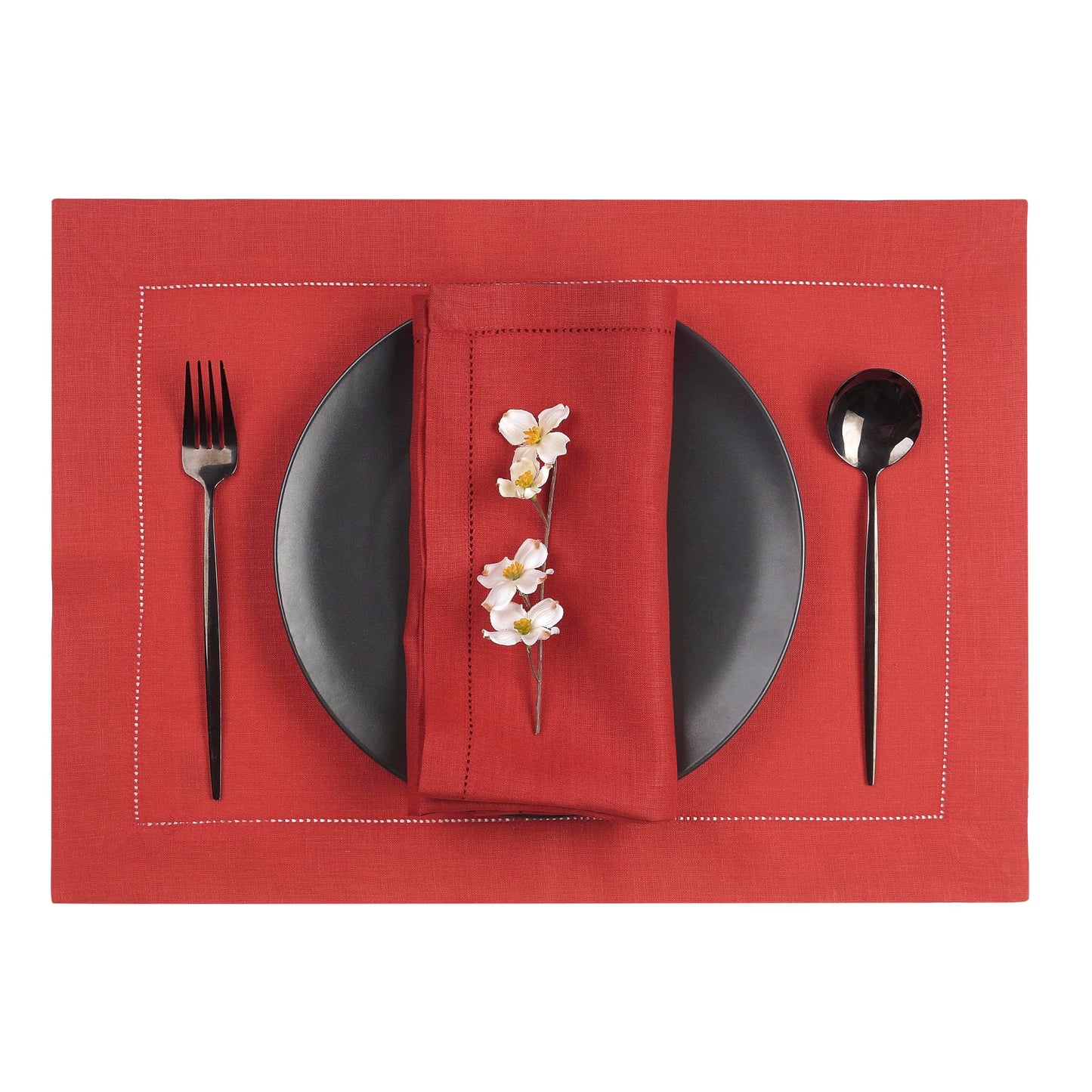 D'Moksha Homes Linen Placemats Set of 4 - Classic Hemstitch Bright Red Placemats 14 x 19 Inch - 100% Pure Linen Table Mats for Mothers Day, Spring - Handcrafted and Machine Washable
