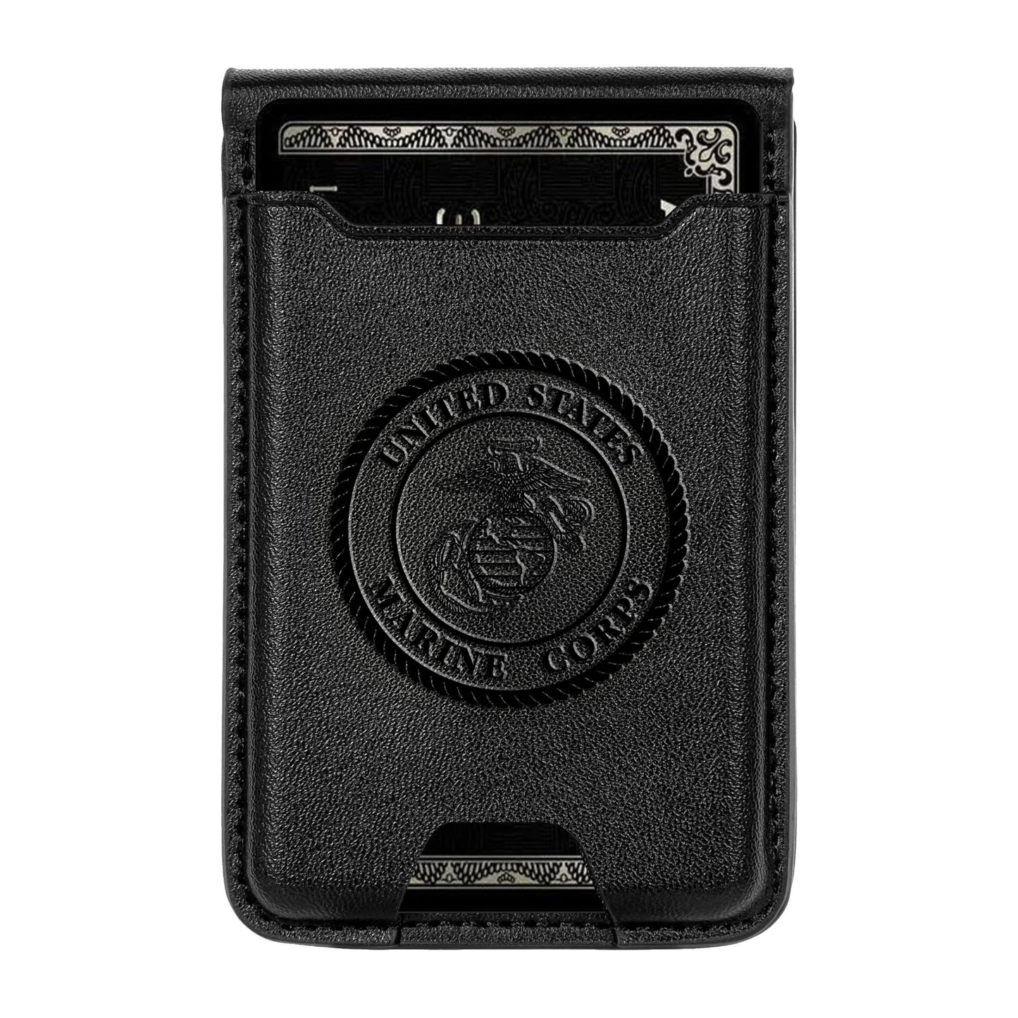 USMC Wallet with Kickstand for MagSafe – Black Leather Slim Card Holder with Embossed United States Marine Corps Logo | Marine Corps Gift – Compatible with iPhone USMC Wallet