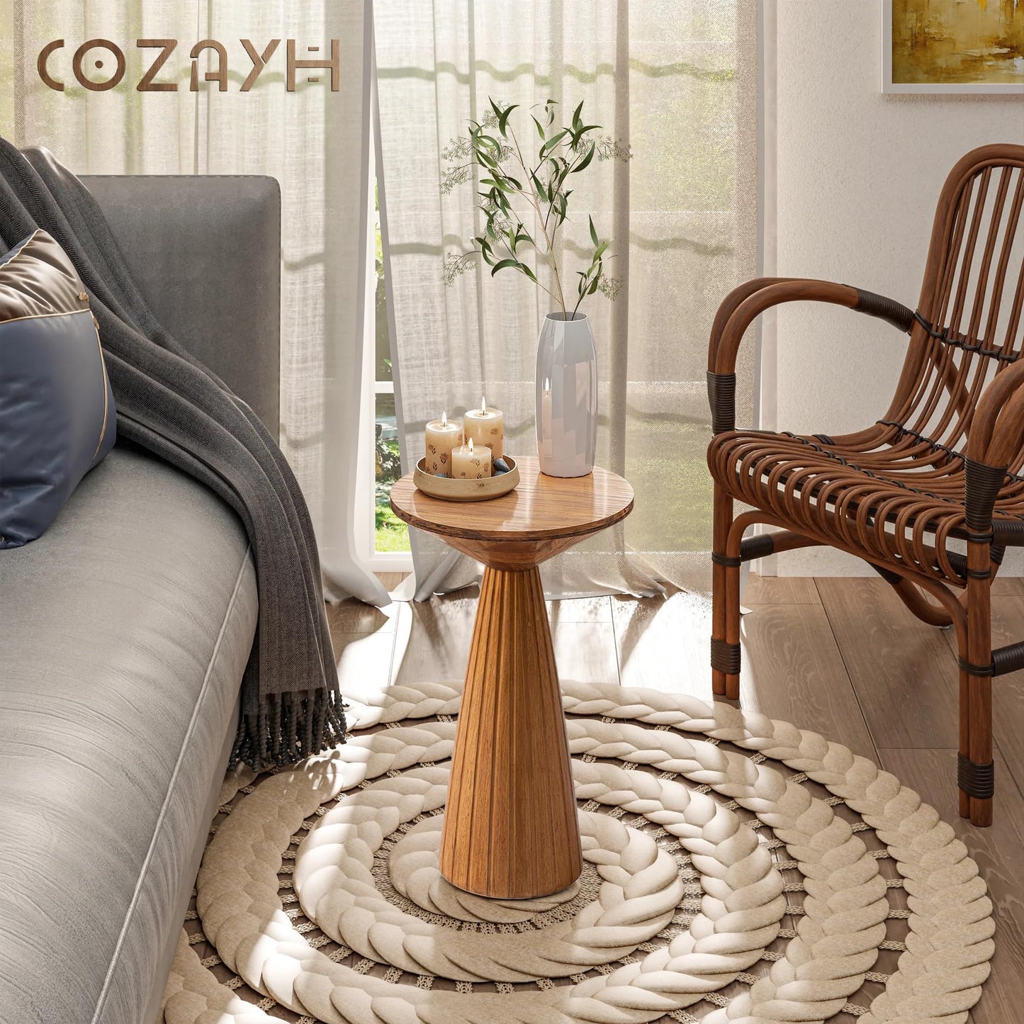 COZAYH Martini Pedestal Table, Small End Table - Drink Stand with Round Wood TableTop & Modern Textured Finish for Small Spaces, Walnut
