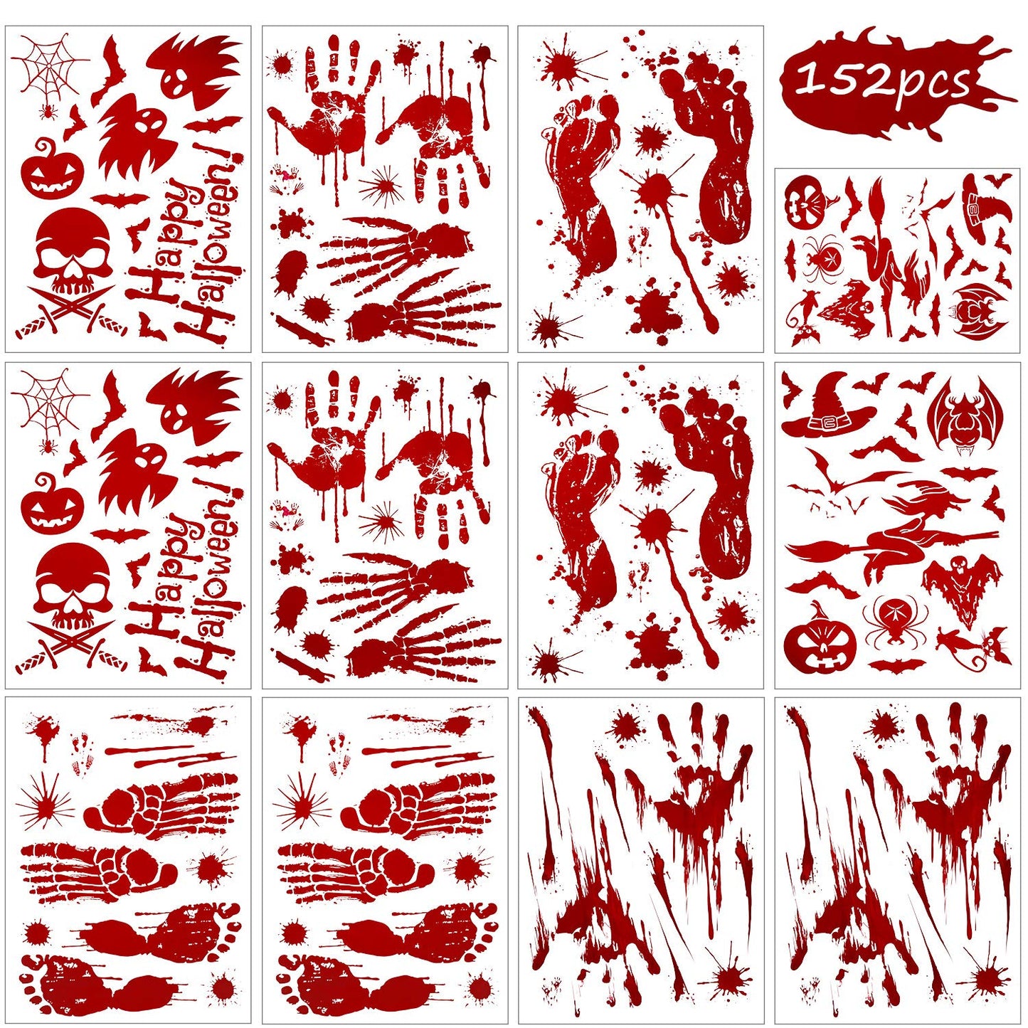 Outus 152 Pcs Halloween Stickers Footprints Window Floor Decal Splats Wall Stickers for Halloween Winter Holiday Party Decorations, 12 Sheets