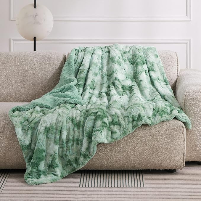Bedsure Sherpa Blanket - Soft, Fuzzy & Fluffy Faux Fur - Warm, Cozy Throw Blanket for Couch, Sofa and Bed, Tie Dye Design, Sage Green, 50x60 Inches