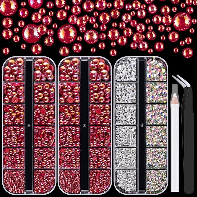 4000PCS Flatback Rhinestones and Half Round Pearls Kit #4, Multi Size Glass Clear & AB Crystals, Plastic Flat Back Red AB Dome Bead with Pickup Pencil and Tweezer for Nail Art