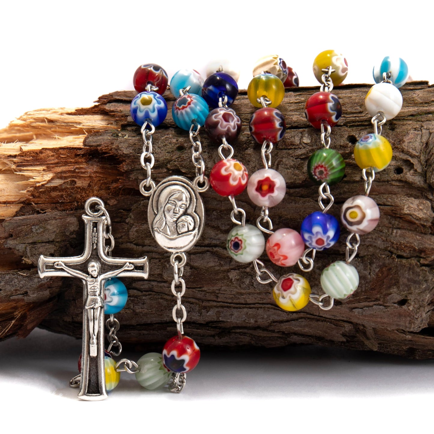 Nazareth Store Murano Glass Rosary Necklace Handmade Multicolor Millefiori Beads Rosario Holy Soil Medal and Cross Crucifix