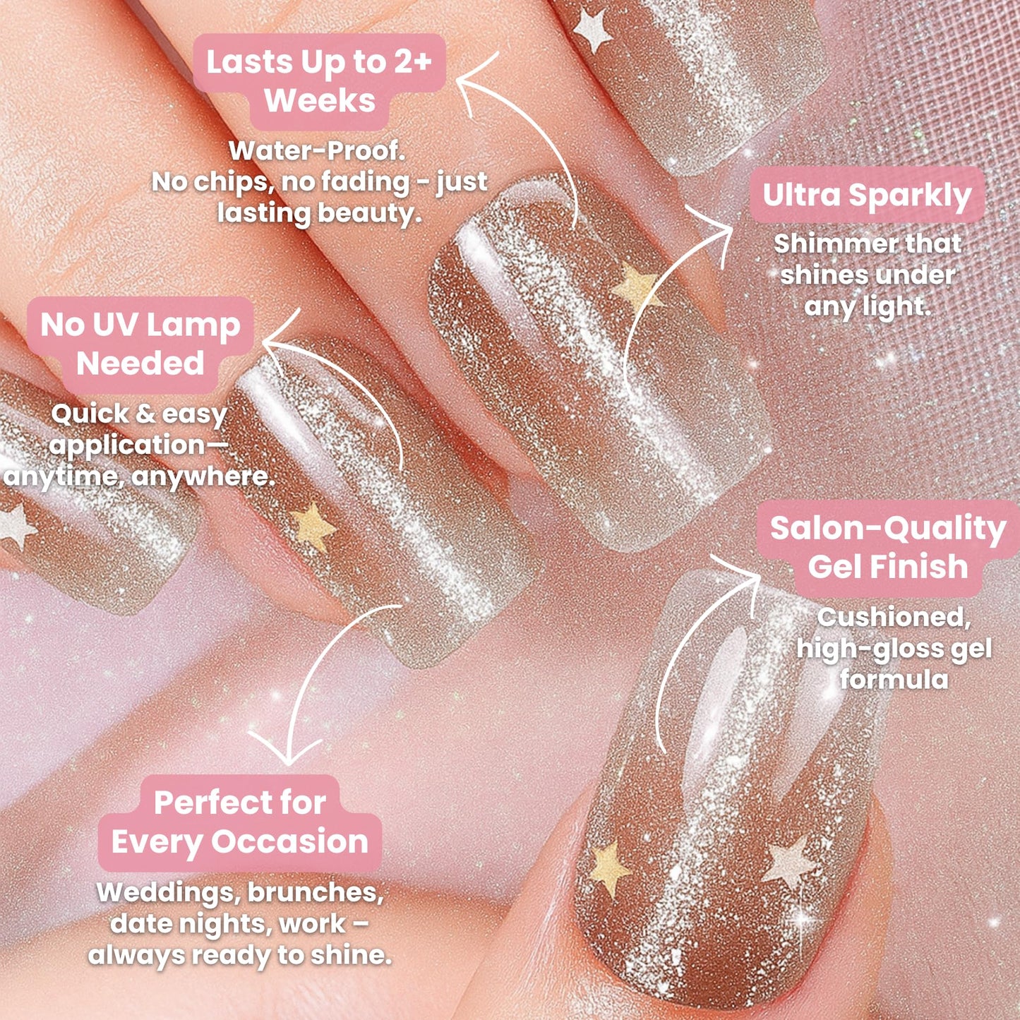 Silk Aura Nail Foils, Self-Adhesive Gel Nail Strips, No UV Needed, Gradient Glitter Shiny Nude Nail Stickers, Waterproof, Long-Lasting, Natural Manicure Design for Fingers & Toenails