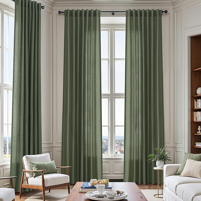 Nanspring Olive Green Linen Curtains for Living Room 2 Panels Set 132 Inch Length Back Tab Light Filtering Semi Sheer Curtain Drapes for Bedroom 52x132
