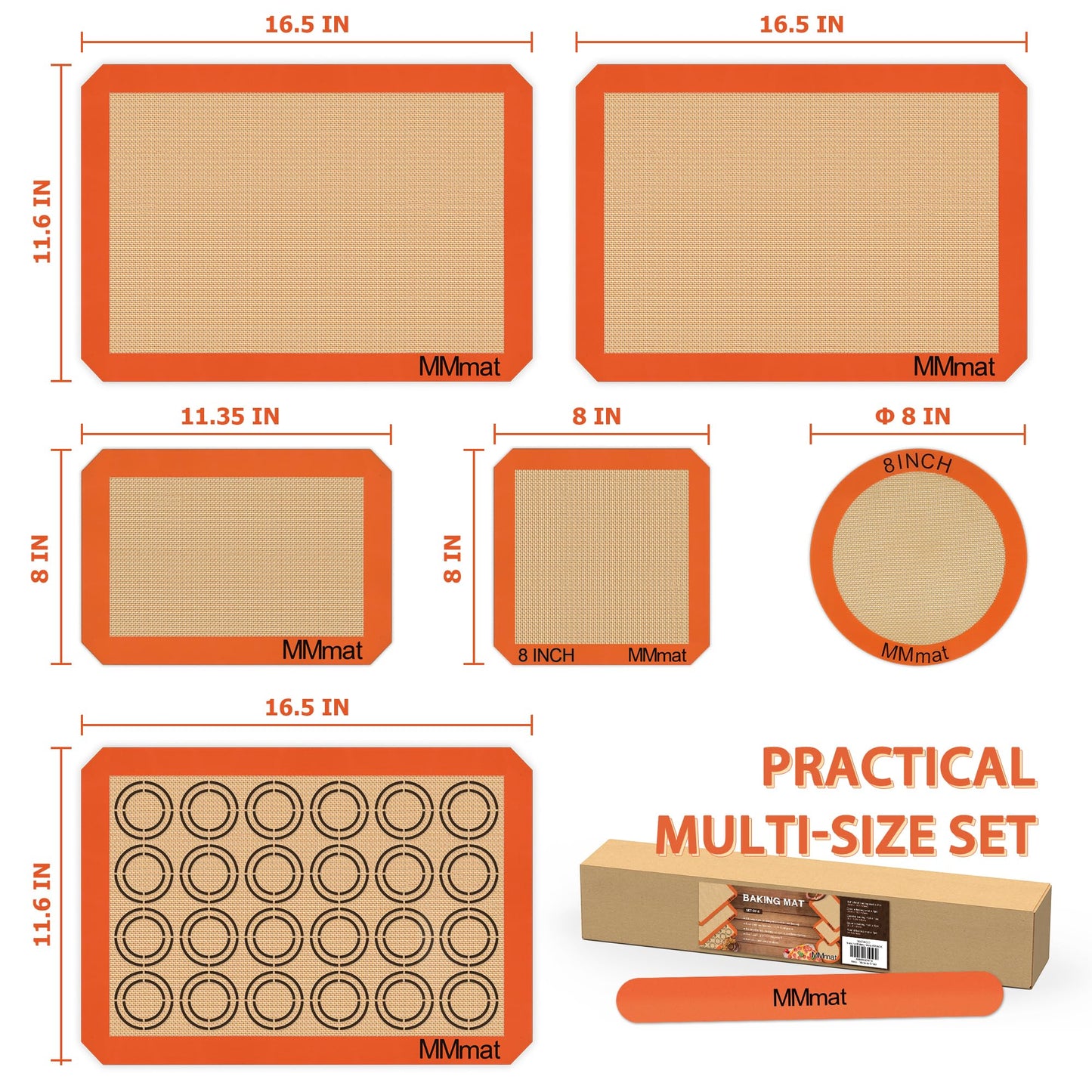 MMmat Silicone Baking Mats - Best German Silicone, Non Slip Baking Sheet, Non Stick Reusable Silicone Mats For Baking, Food Grade Oven Liner, Counter Mat, Set of 6