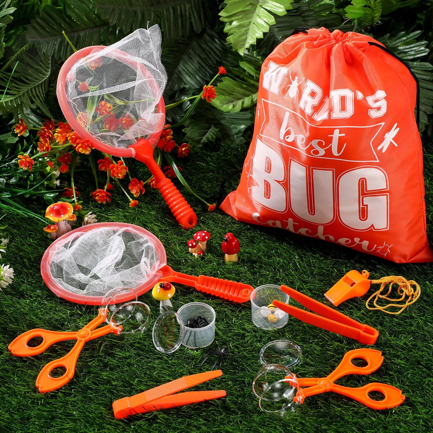 Silipull Bug Catching Kit for Kid Outdoor Explorer Kit Include Catching Scissor Tong Tweezer Clamp Bug Cage Whistle Insect Net Drawstring Bag for Boy Girl Educational Adventure Hunting (Orange,48 Pcs)