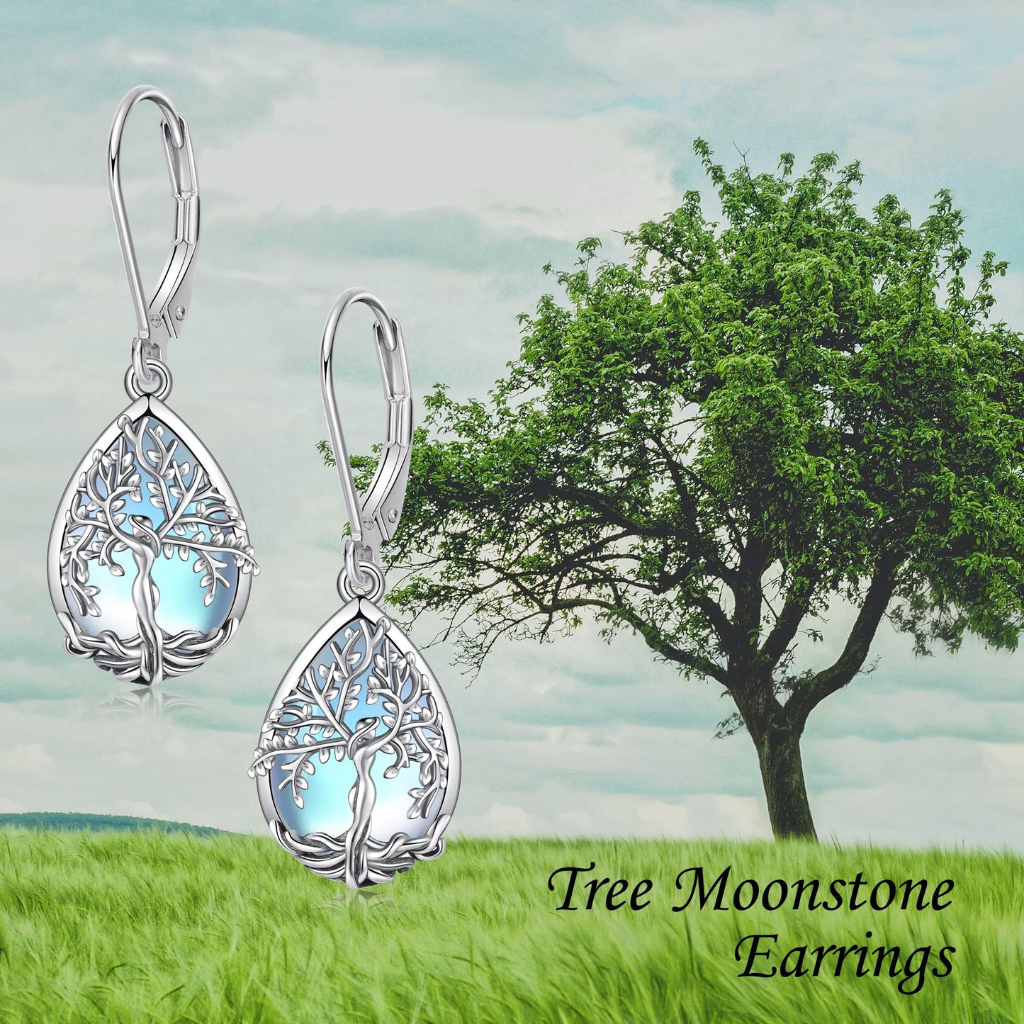 ONEFINITY Tree of Life Earrings Sterling Silver Moonstone Tree of Life Dangle Drop Earrings Teardrop Moonstone Jewelry for Women