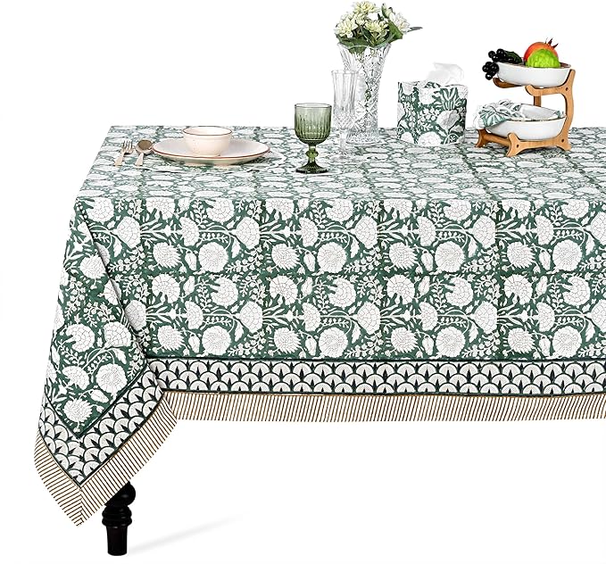 Ridhi Hand Block Print Turquoise Moss Green Rectangle Cotton Tablecloth 120" x 80" Reusable Table Cover Decorative Everyday Use for Dining, Farmhouse, Home Gift for Spring, Easter, Valentine