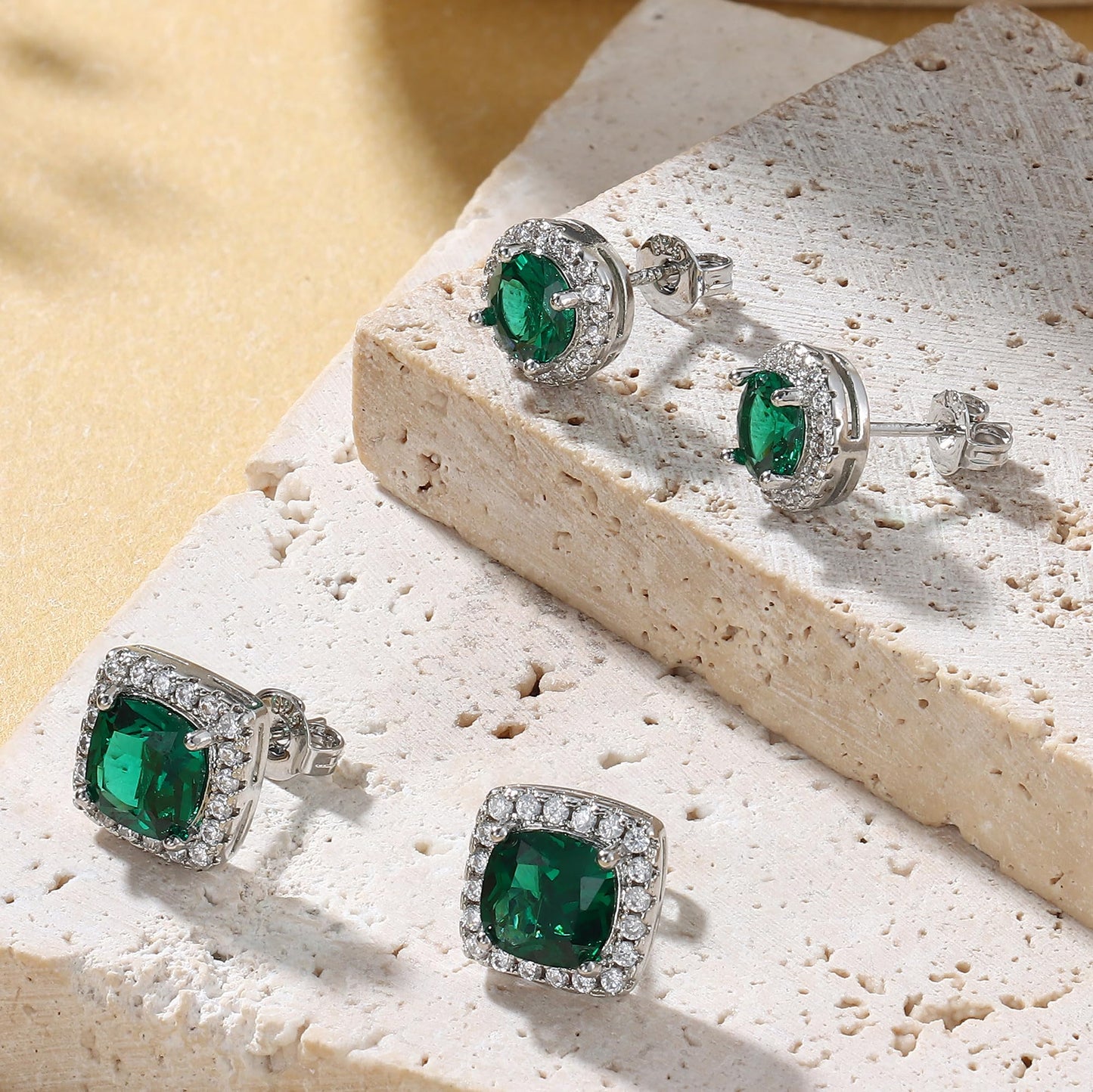 Hayoso Cubic Zirconia Stud Earrings for Women Men Sterling Silver Earring Post Hypoallergenic 14k Gold Plated Round&Square Earrings Silver&Green