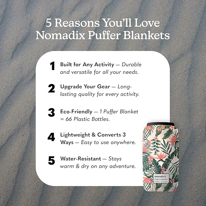 Nomadix Puffer Blanket – Water-Resistant, Eco-Friendly Insulated Blanket with Snaps for Camping, Beach, and Travel, Made from Recycled Materials