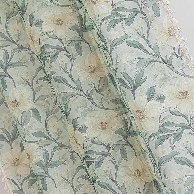 Green Floral Sheer Curtains 54 inch Long, Fringed Edges and Textured Semi Sheer Curtains Large Window Treatments for Living Room/Bedroom, 2 Panels
