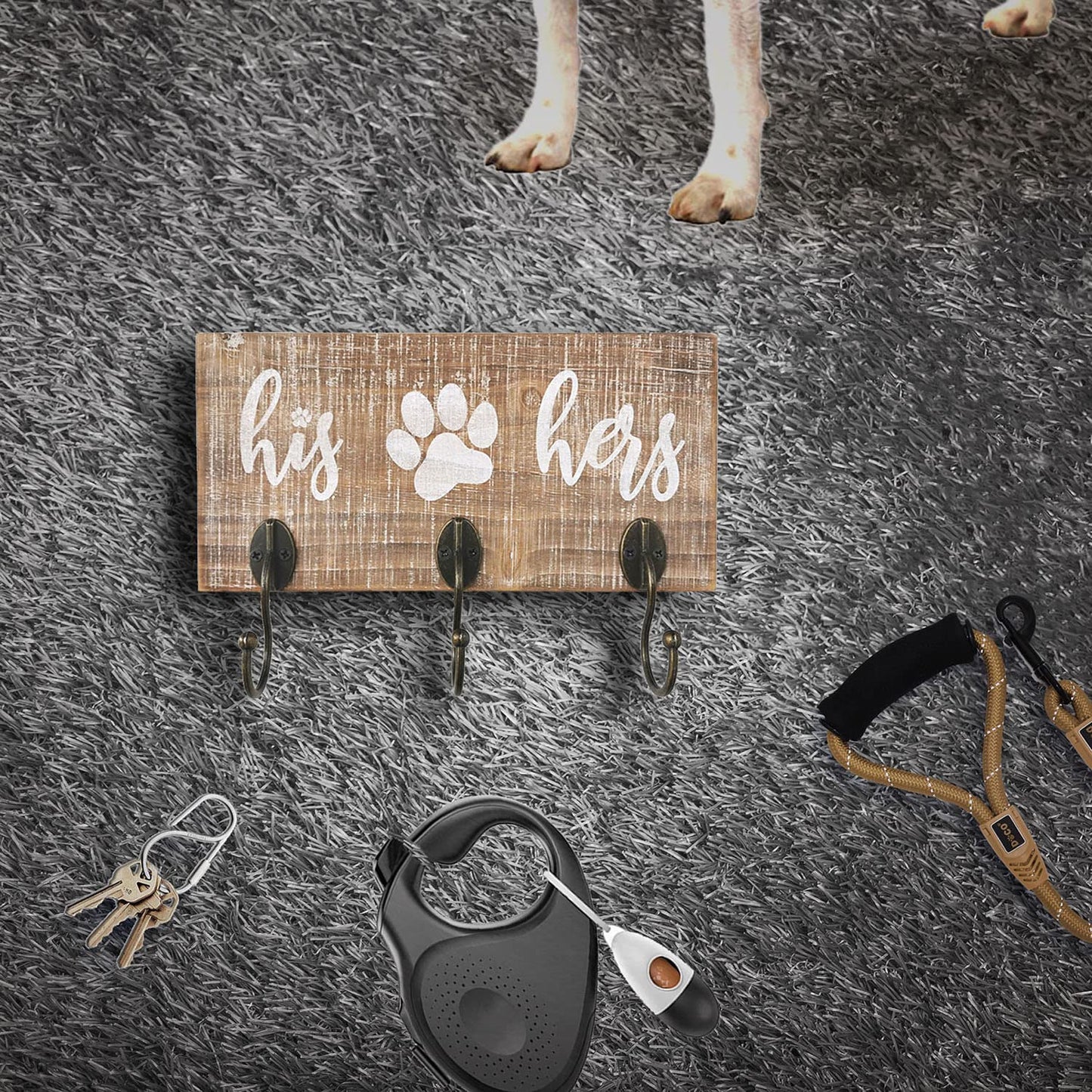 10 o'clock His Her Dog Hanger Unique Key Holder and Leash Hanger with 3 Hooks for Wall | Rustic Decor for Entryway | Cute Housewarming Gift for Dog Lovers 10"x5"