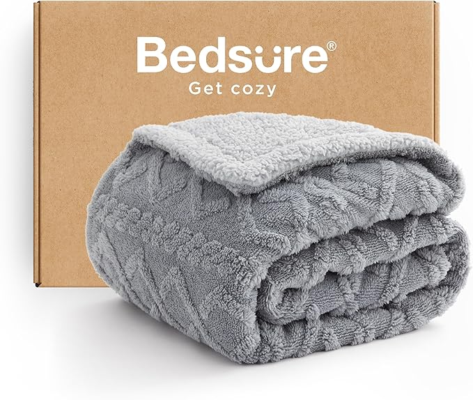 Bedsure Sherpa Fleece Blanket Twin Size for Bed - GentleSoft Fluffy & Cozy Cable Jacquard Tufted for Women Gift, Thick and Warm Blankets for Winter, Grey, 60x80 Inches