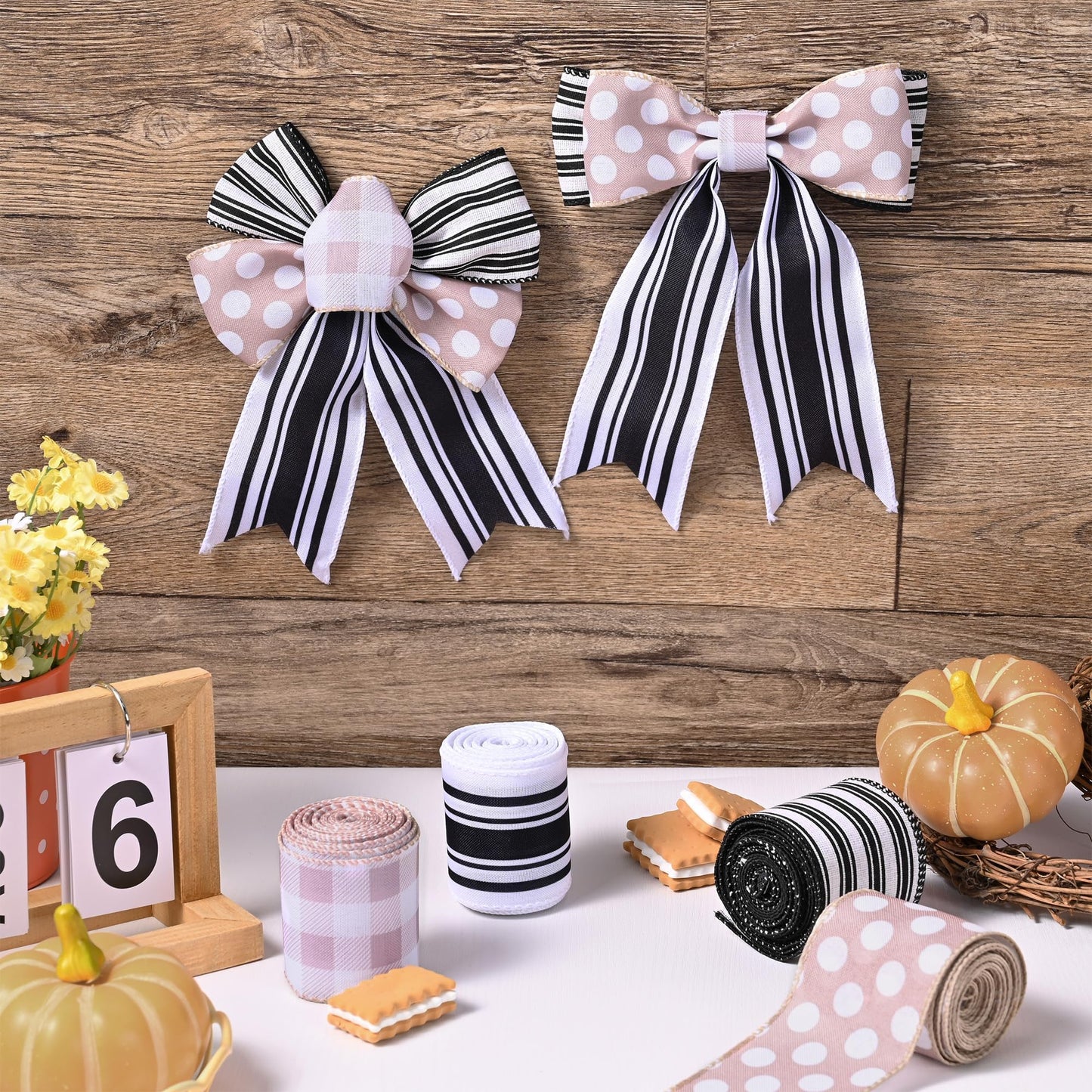Ribreeze 20 Yards Wired Ribbon 4 Rolls Black White Stripe Dot Ribbon 2.5 Inch for Wreaths DIY Present Wrapping Floral Bow Craft Deco