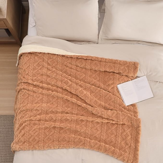 Bedsure Sherpa Fleece Blanket Twin Size for Bed - GentleSoft Fluffy & Cozy Cable Jacquard Tufted for Women Gift, Thick and Warm Blankets for Winter, Light Brown, 60x80 Inches