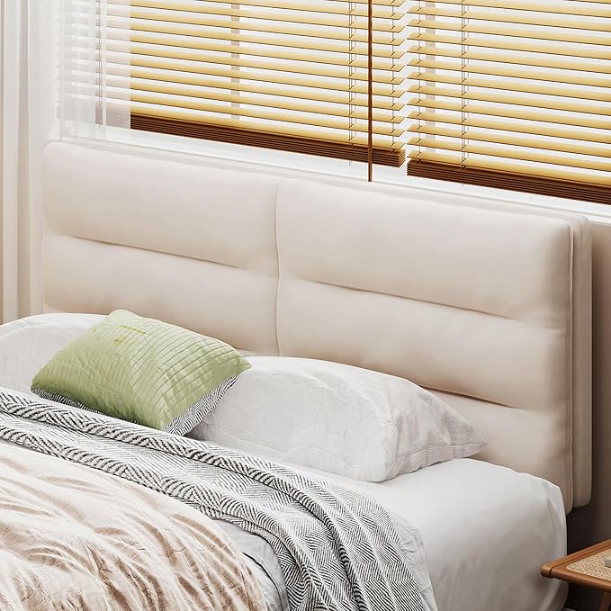 Queen Size Velvet Headboard Foldable Panels Backboard, Upholstered Full Headboard Adjustable Height from 42" to 56" Head Borad-Ivory